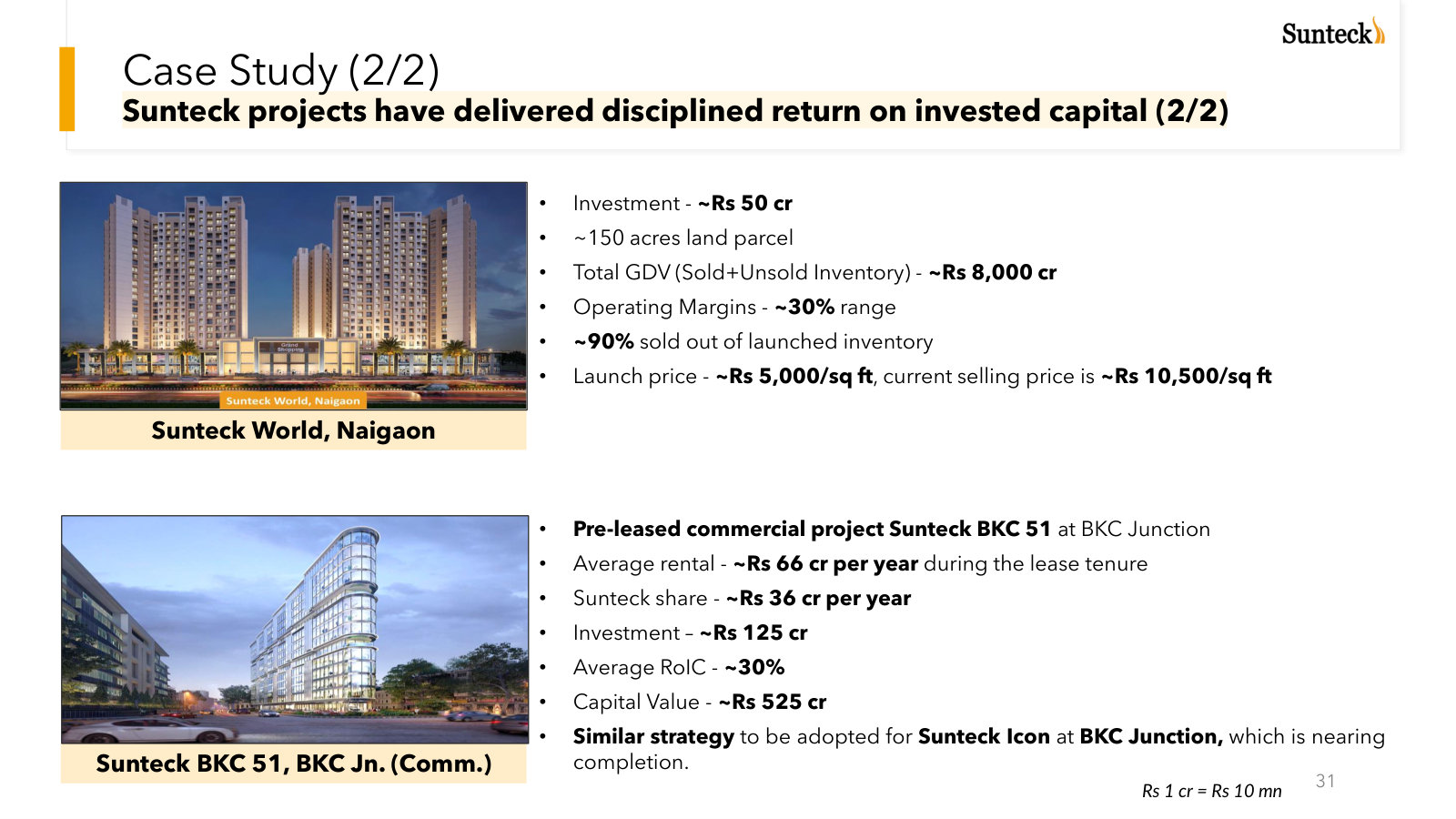 Naigaon residential economics beside the BKC 51 commercial model, including investment, rent, RoIC and capital value.