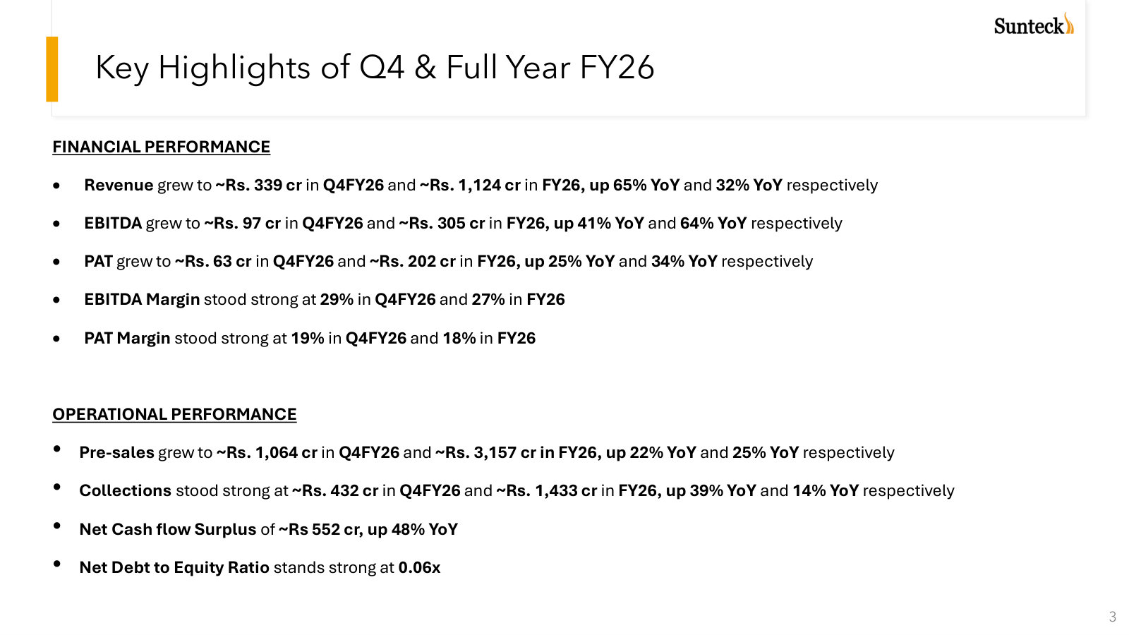 The latest full-year scorecard: revenue, margins, pre-sales, collections, cash surplus and leverage in one place.